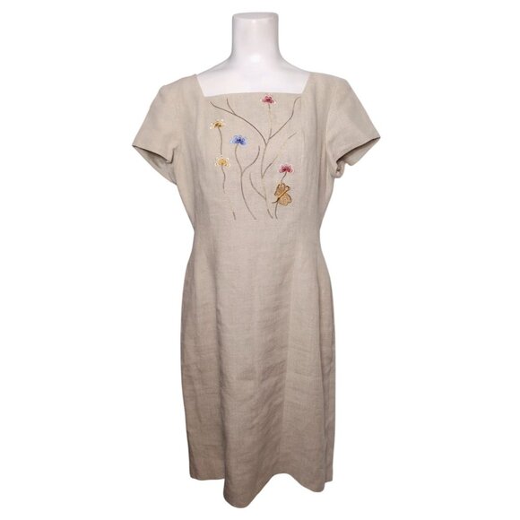 Donna Morgan Linen Embroidered Floral Dress Size 8 Petite Beige Lined Career - Picture 1 of 8